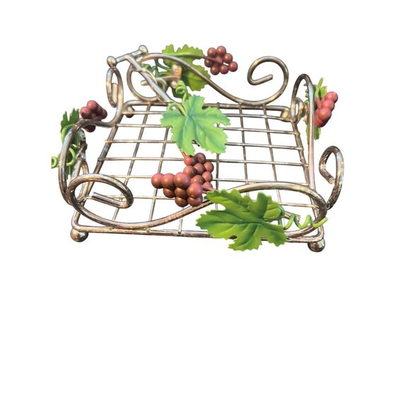 Grape Vine Metal Napkin Holder Hinged Arm Kitchen Wine Decor Footed 8" x 8" READ - Picture 1 of 7
